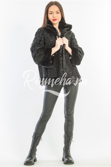 Черная куртка из каракуля большого размера (89-65А8)