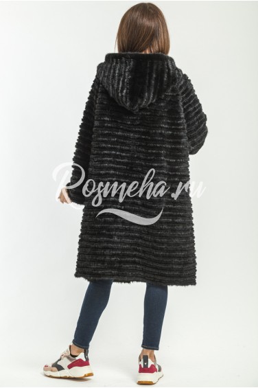 Черное пальто норка с капюшоном (05-10031)