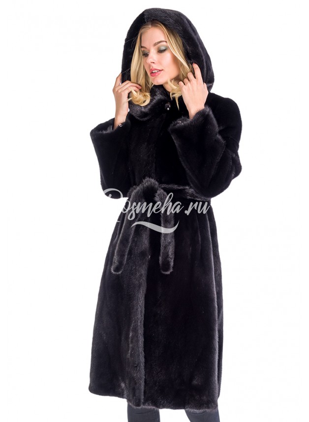 Классика черная шуба халат из норки NAFA с капюшоном (001-10059) купить в  интернет магазине Rosmeha.ru